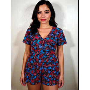 NWT Vintage Louise Paris Women's Medium Rayon Romper Black Floral Back Tie 80s